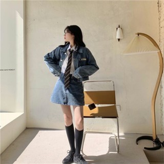 【Sweet Oversize】SASA大碼春女裝顯瘦複古牛仔套裝胖mm秋裝韓版短外套+短裙兩件套