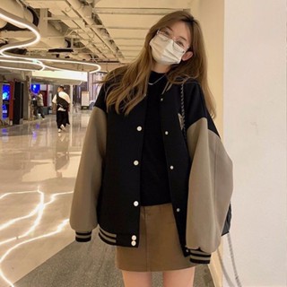 【Sweet Oversize】大碼棒球服女秋冬拚接撞色加絨加厚美式複古炸街夾剋休閒衛衣外套