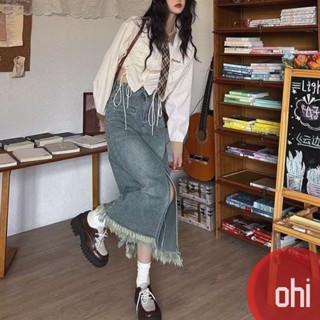 【ohi】韓版復古長毛邊開叉牛仔裙 高腰顯瘦 開叉設計 A字牛仔長裙 女牛仔裙 S-5XL(XGJM5387)