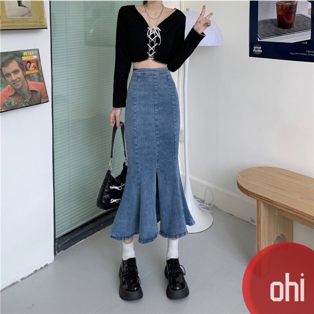 【ohi】法式高腰牛仔魚尾裙 女裝 彈力牛仔裙 江南辣妹 韓版性感 中長裙 XGJLA933