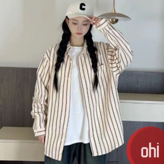 【ohi】復古港味條紋襯衫外套 休閒慵懶風 長袖襯衫 學院風襯衫女 女生襯衫 襯衣 襯衫 上衣 女裝 GSN2248