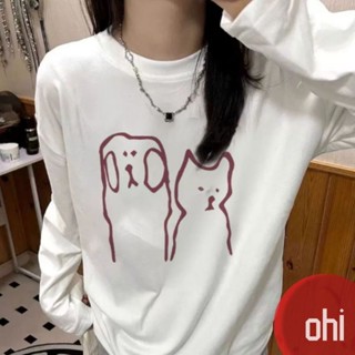 【ohi】韓系慵懶風上衣 白色打底衫 印花上衣 休閒寬鬆 長袖T恤 女裝 秋款上衣 GHMN5001#