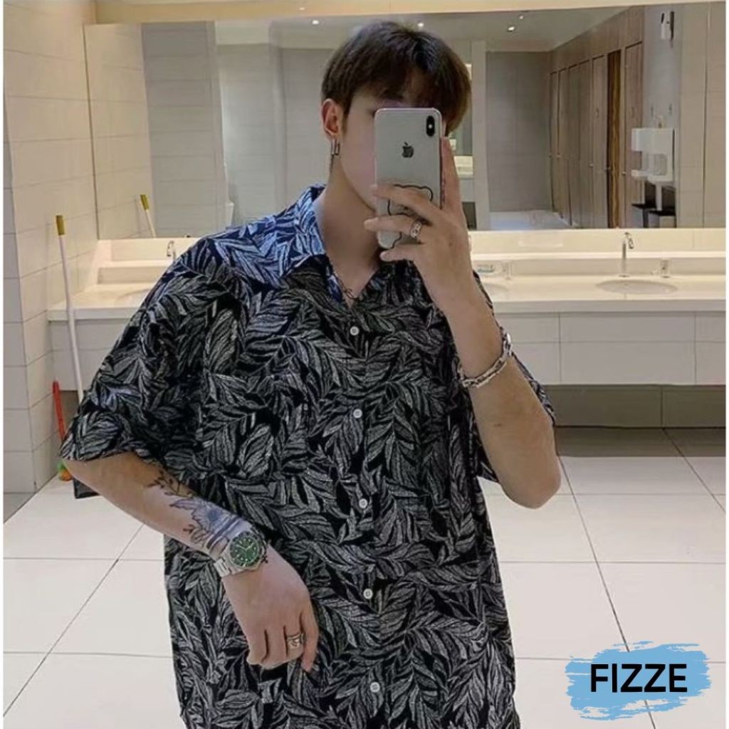 韓版花葉襯衫 滿版花葉 短袖襯衫 落肩襯衫 襯衫 五分袖 男女生(MKZDK526)【FIZZE】