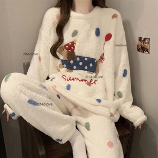 臘腸狗睡衣女珊瑚絨秋冬季加厚加絨保暖卡通可愛法蘭絨家居服套裝 居家服 臘腸小狗 可愛睡衣
