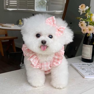 🐶寵幸優品 寵物衣服春夏新款格子飛袖牽引扣蝴蝶結裙子泰迪比熊狗狗貓咪衣服 狗狗衣服 貓咪衣服 泰迪熊可愛衣服 四季通用