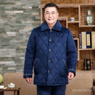 🔥爸爸冬季加厚睡衣套裝 寬鬆大碼睡衣 中老年男家居服保暖套裝 男冬季法蘭絨珊瑚絨男士睡衣秋冬季 睡衣三層加絨小翻領
