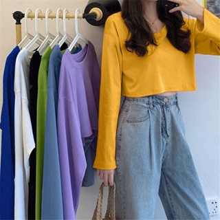 【Sweet oversize】簡約百搭純色長袖T恤女磨毛打底衫春秋ins潮韓版露臍短款學生上衣