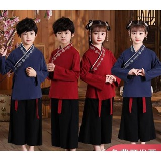 2 件/套傳統兒童/成人唐裝 2025 年新年服裝女孩男孩角色扮演表演漢服衣服上衣 + 裙子新年兒童拜年服