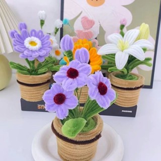 扭扭棒花束小盆栽手工diy材料包自製嚮日葵幼兒園手工製作永生花扭扭花小盆栽扭扭棒盆栽辦公桌擺飾編織花束百閤草莓桔子君子蘭
