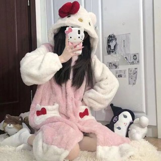 有點東西🧥可愛小貓咪加厚珊瑚絨睡衣女2024年新款冬季網紅法蘭絨睡袍可外穿冬季睡衣 卡通睡衣 睡袍 居家服