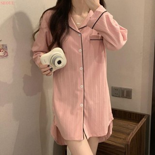睡裙長袖睡衣裙女春秋小個子開衫夏天休閑家居服裙子高階感2024新 睡衣女 睡衣套裝 居家服