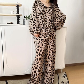 Lam💕睡衣 睡袍 豹紋【秋季上新】高品質豹紋睡衣套頭睡衣大碼200斤女套裝睡衣慵懶風