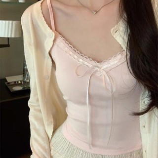 Lam💕內衣 吊帶背心純欲蕾絲花邊背心甜美打底辣妹蝴蝶結胸墊修身吊帶設計無袖上衣