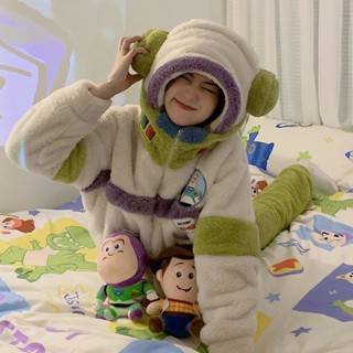 巴斯光年情侶睡衣女秋冬季珊瑚絨連帽男士家居服套裝絨毛睡衣 長袖保暖家居服 珊瑚絨上衣 法蘭絨上衣 搖粒絨睡衣 睡衣可愛