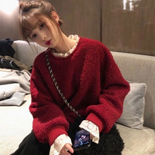 【免運出貨】毛衣針織衫韓版聖誕新紅色蕾絲假兩件仿羊羔絨衛衣女中長款加絨加厚套頭外套女高領毛衣慵懶毛衣短版上衣