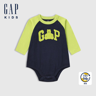 Gap 嬰兒裝 Logo純棉小熊印花圓領長袖包屁衣 熊抱Logo系列-海軍藍(687241)