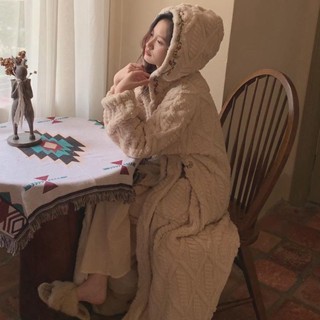 睡衣女秋冬季珊瑚絨睡袍刺繡連帽保暖加絨加厚法蘭絨家居服長浴袍【Jsna皇后】