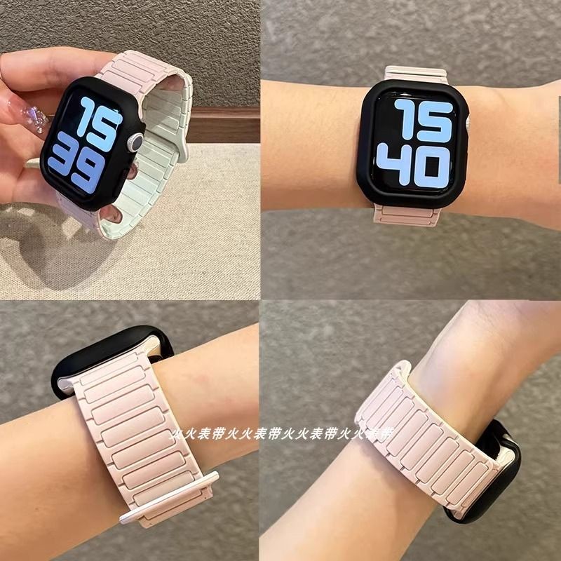 撞色竹節穿孔SE硅膠磁吸錶帶 適用applewatch11/10/9/8男女Ultra2 蘋果錶帶