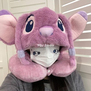 【元氣家】ins風粉色安琪兒連帽u型頭枕 U型圍脖帽子 情侶史迪仔旅行便攜護頸圈 午睡枕