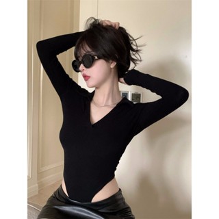 🎀新店開幕🎀限時下殺🎀黑色連體長袖t恤女 新款性感v領內搭打底衫緊身顯瘦上衣潮