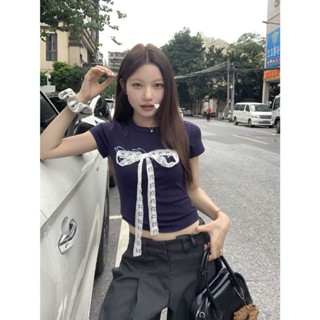 Annie💖 美式小眾設計感字母蕾絲短版圓領T 短袖T恤 短版短袖上衣