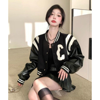 see 棒球服外套 oversize外套 春秋外套 美式辣妹棒球服短款外套女春秋款PU皮毛呢拼接夾克ins潮長袖上衣