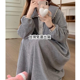 免運🌸長版睡衣裙 春秋季新款灰色連身睡裙 甜美可愛娃娃領蕾絲花邊睡衣女 寬鬆大尺碼孕婦可穿居家洋裝