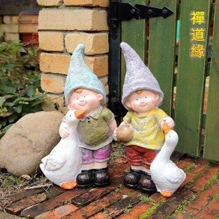 禪道緣 38cm大號戴帽可愛孩童抱鴨擺飾 戶外園藝庭院別墅花園陽臺露臺盆栽植物花架花盆花器造景裝飾擺件