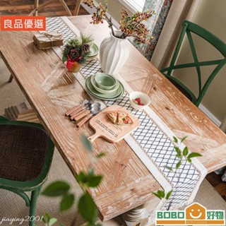 BOB好物❤可訂製 棉麻桌布 長桌布 簡約桌旗 美式鄉村風長桌旗 菱形[lb012]桌巾 桌墊 撞色黑棉線編織流蘇桌布
