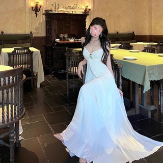 晚宴禮服 維納斯壓褶皺鉆飾鏤空吊帶仙女裙party晚宴會禮服度假百褶沙灘裙 大尺碼 晚宴服 洋裝 年會