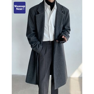 WASSUPNEST春秋西裝領毛呢大衣男中長款寬鬆過膝韓版風衣毛呢外套 PTQH