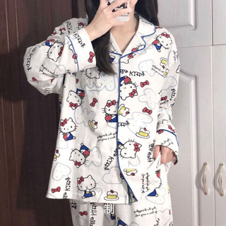 see 女生睡衣 居家服 家居服 睡衣套裝 ins風日系睡衣女可愛卡通長袖長褲Kitty家居服套裝甜美新款