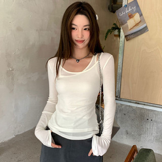 see 女生上衣 短袖 上衣修身 寬鬆短袖 短袖上衣夏季新款純欲風辣妹假兩件長袖T恤女修身顯瘦防曬罩衫不規則上衣