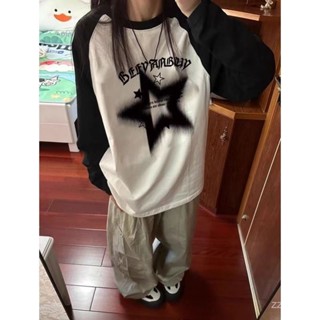 詩遊時尚女裝店⭐美式複古撞色插肩長袖T恤女早秋季新款寬鬆純棉內搭打底衫上衣潮