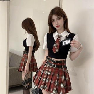 臺灣出貨🚚 學生JK制服套裝 【5954人收藏】美式甜辣妹學院風套裝女夏季jk制服假兩件上衣半身裙兩件套裝裙子