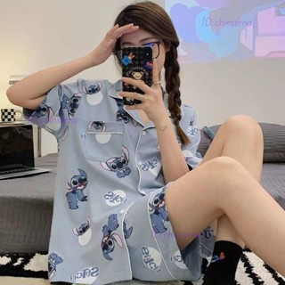 免運 睡衣套裝 夏季睡衣 睡裙 春秋睡衣 可愛史迪仔睡衣女夏天卡通ins風短袖短褲宿舍外穿居家服兩件套裝