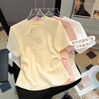 爆款熱賣❤新中式盤扣短袖t恤女2025夏季新款小眾別緻國風刺繡褶皺短款上衣 7HJ4
