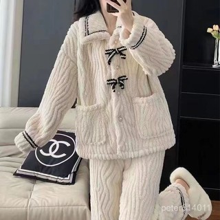 【PE】今年流行冬季睡衣女網紅可愛簡約寬鬆宿捨珊瑚絨家居服套裝睡衣