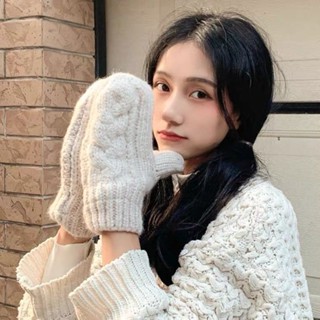 ins 冬季必備高顔值保暖毛綫手套手套女冬韓版可愛學生麻花雙層毛綫針織加絨加厚保暖掛脖手套連指