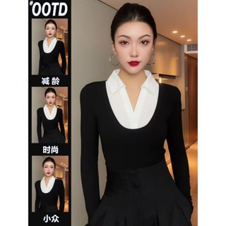 歐洲站長袖女 新款辣妹拼接短款修身內搭上衣女裝秋季黑色假兩件長袖針織打底衫 長袖t恤女 大尺碼歐貨上衣 春秋保暖衣上衣女