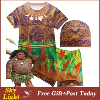【現發】3 件裝 Moana Maui 紋身 T 恤男孩短褲全套萬聖節泳衣角色扮演服裝男孩兒童衣服
