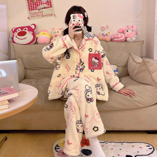 【現+免運】珊瑚絨睡衣女冬季加絨加厚Hello Kitty法蘭絨學生卡通家居服套裝睡袍 睡衣 絨睡袍 冬天睡衣 保暖睡衣