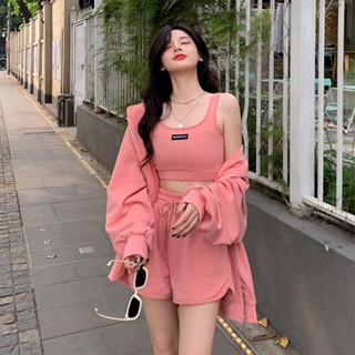 【Sweet Oversize】冬季2024新款套裝女網紅時尚拉鏈連帽上衣寬鬆褲子性感背心三件套