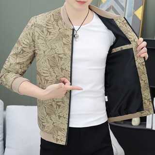 春秋款外套青年男士韓版印花時尚休閑百搭修身薄款棒球服夾克上衣外套男 夾克 防風外套 飛行外套 翻領外套 拉鏈外套
