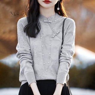 秋冬新款羊毛衫中式純色針織衫女士國風半高領盤扣打底衫提花長袖 針織上衣 毛衣 長袖上衣 針織衫 新中式上衣 中國風 針織