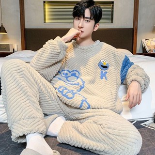 YLIE 男生睡衣 睡衣 長袖睡衣 珊瑚絨睡衣男士秋冬季加絨加厚保暖法蘭絨家居服男款卡通冬款套裝