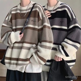 韓國男裝 條紋毛衣 男秋冬季上衣 撞色針織衫 保暖外套 寬鬆加厚 刺繡字母毛衣 潮流男裝 情侶裝 拚色毛衣 針織上衣