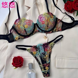😘悠悠🎀2024新款跨境歐美鏤空內衣 透視獨特刺繡內衣 性感誘惑情趣內衣套裝女