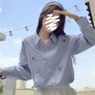 BINGTANG 品質精選 外搭襯衫 襯衣 長袖上衣 春秋季 年新款甜美polo領女學生減齡藍色長袖寬鬆顯瘦襯衫上衣