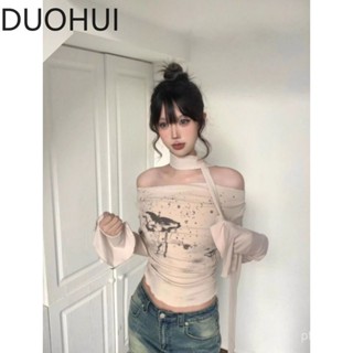 Princess HomeDUOHUI一字肩長袖純棉T恤秋季女新款修身顯瘦複古休閒打底衫上衣秋季上衣 秋季穿搭 寬鬆上衣
